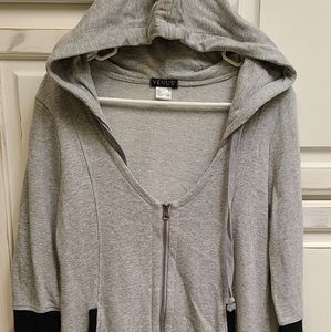 Shark hem, hooded, 3/4 sleeve, zip up women's hoodie.